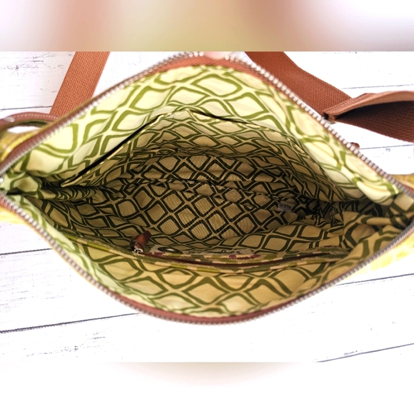 Vintage Fossil Green Canvas & Brown Genuine Leather Crossbody Purse Floral - Picture 13 of 16
